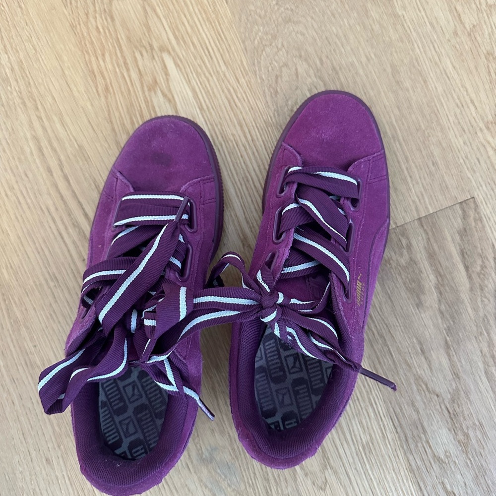 Puma Women’s Suede Sneakers in Deep Plum with Striped Laces